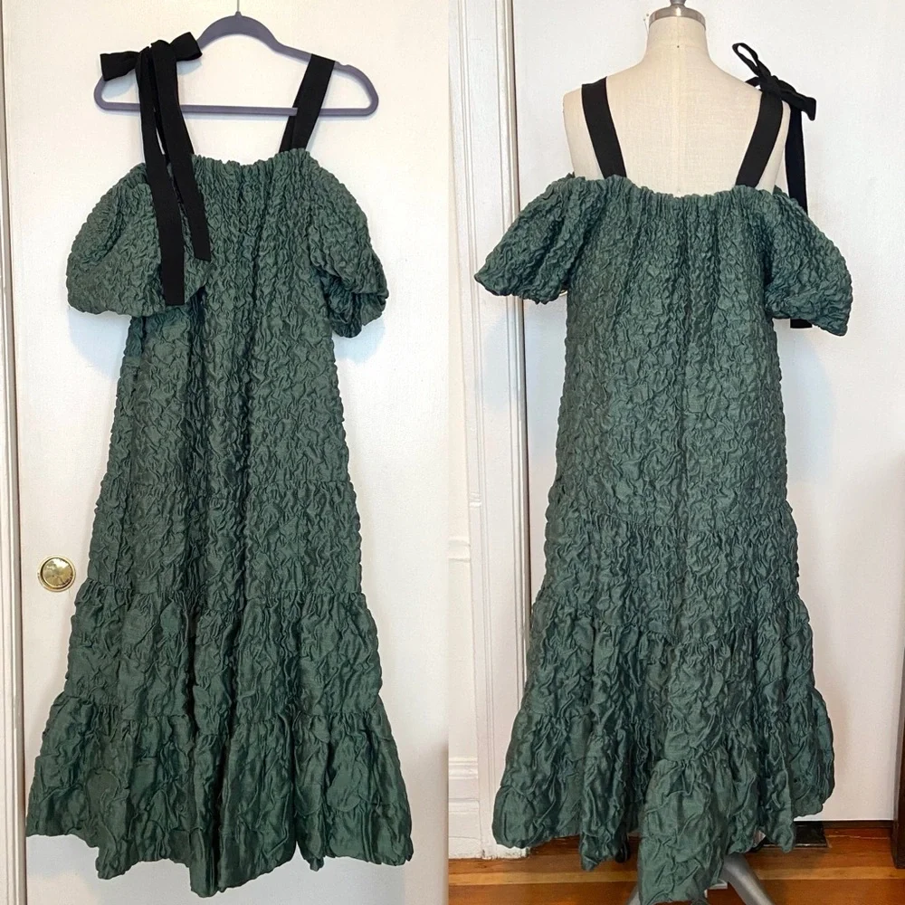 $1,600 Ulla Johnson Runway Francoise Green Wool Silk Smocked Gown - Picture 3 of 14